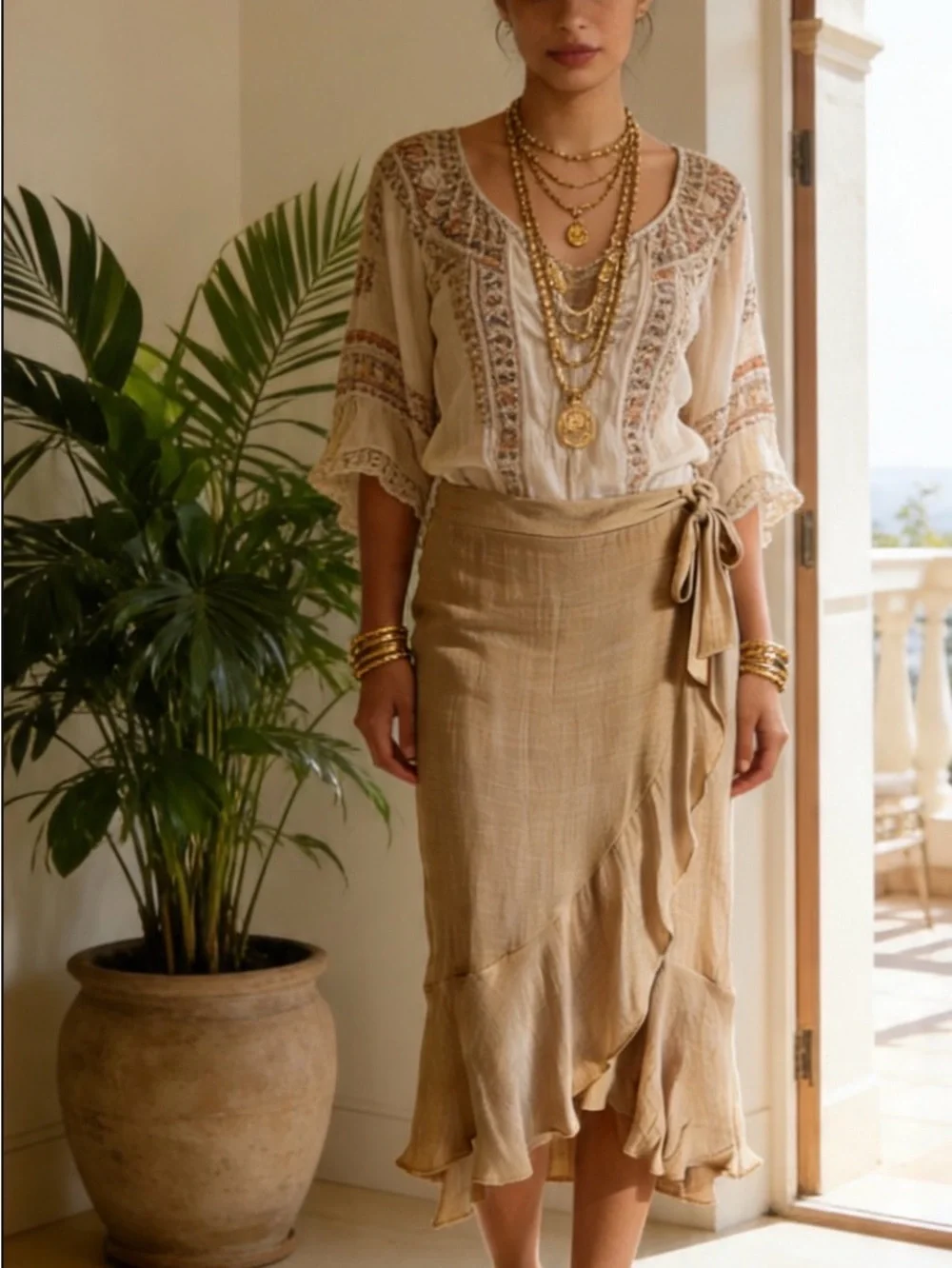 Bwear Neutral Beige Tie-Waist Ruffle Midi Skirt size Medium